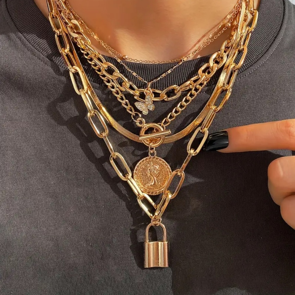 Fashion Jewelry chunky chain Layered Gold-Tone Coin & Padlock Necklace Set